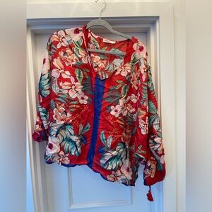 Johnny Was red silk top.  Size L